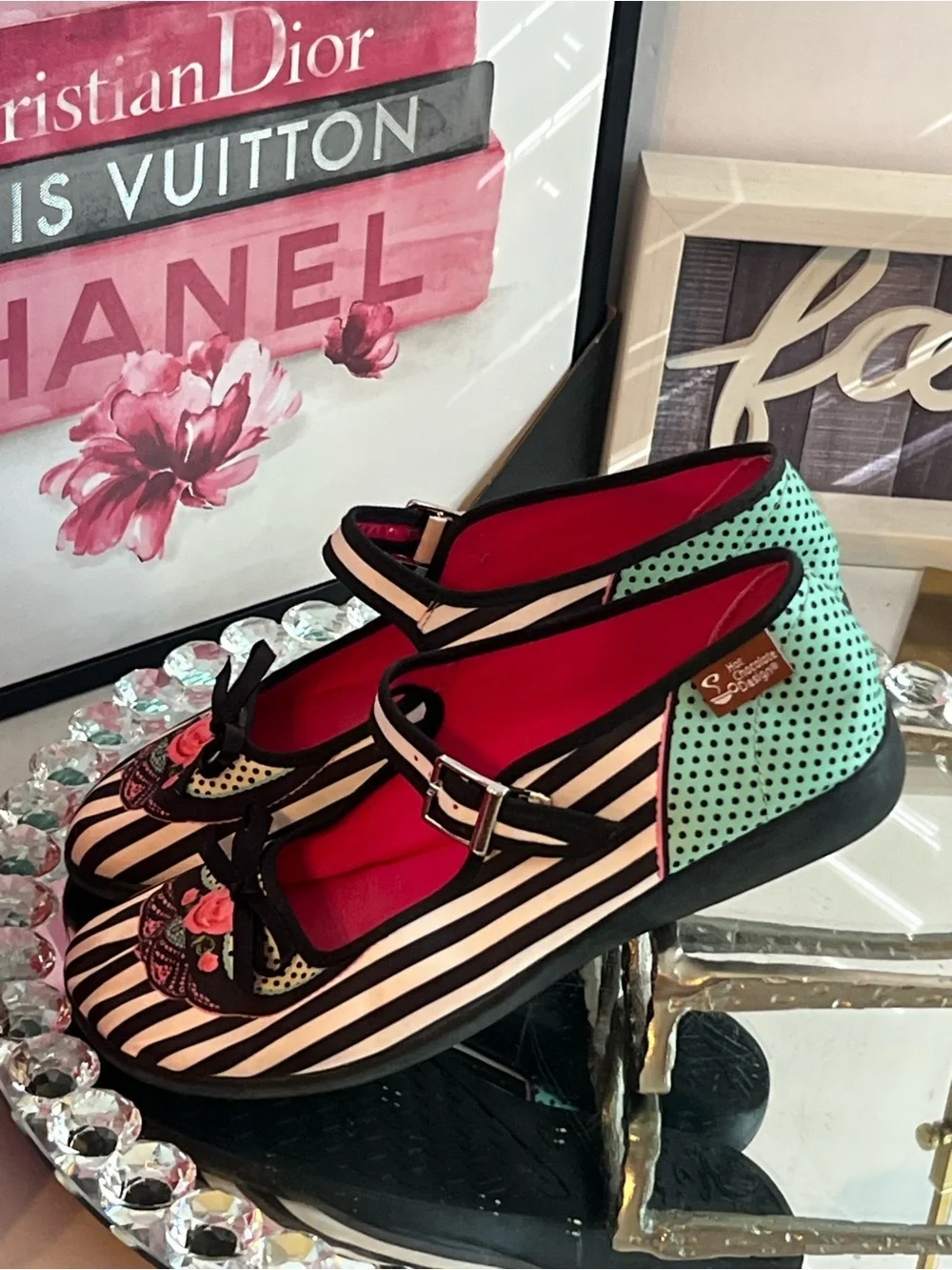 HOT chocolate design Striped Mary Jane Flats with Pink Floral Accent  size 7